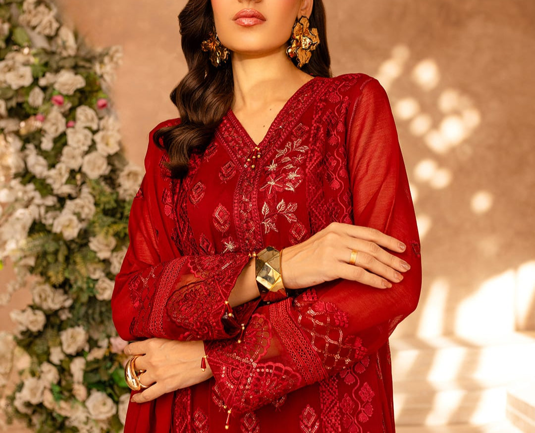 WINE SCARLET– Embroidered Chiffon Unstitched 3Pc Suit.