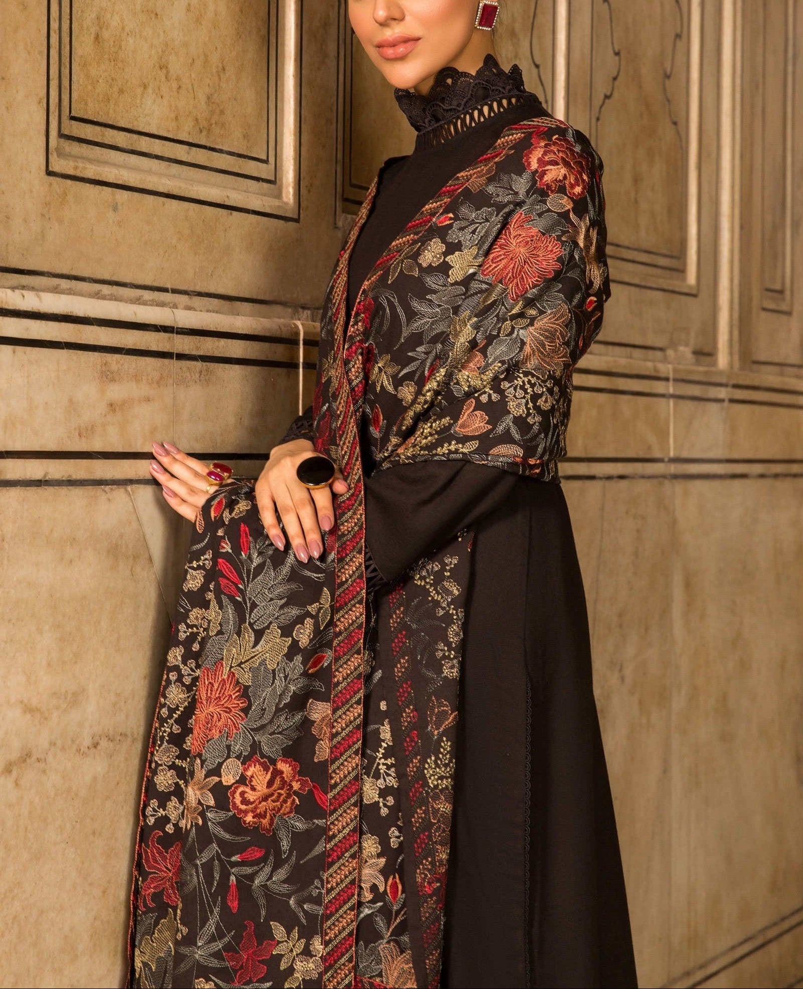 Grace premium D50- Embroidered Karandi Black Shawl.